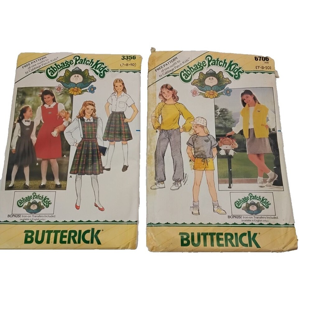 2 Vintage Butterick Patterns Cabbage Patch Kids Girl & Doll Matching Outfit 7-10